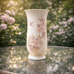 Elegant Cream Porcelain Vase with Pink Floral Detail and Gold Trim